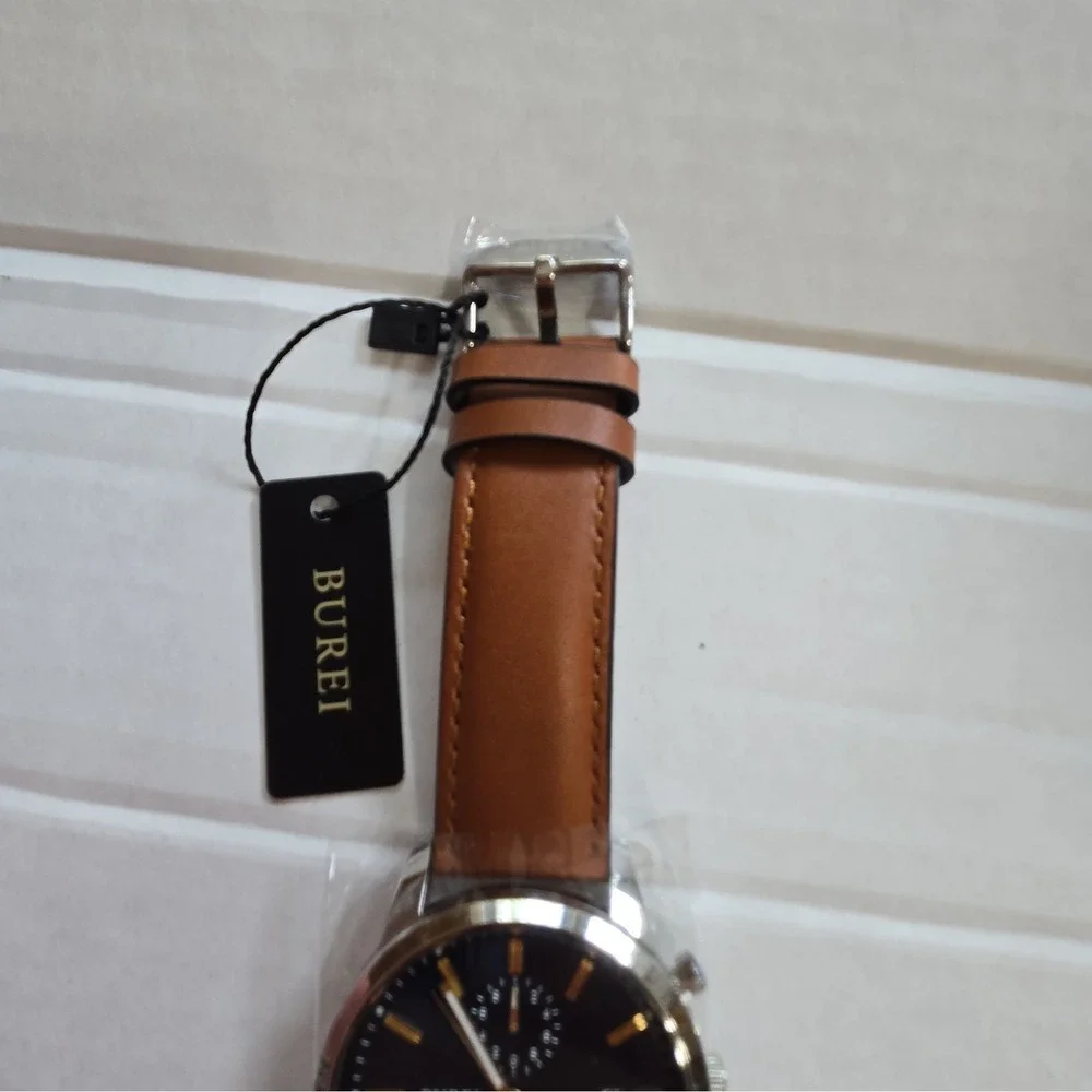 Burei 45mm Chrono Mens Watch. Brown Leather Strap,Quartz Mvmnt,Blue Dial,Analog